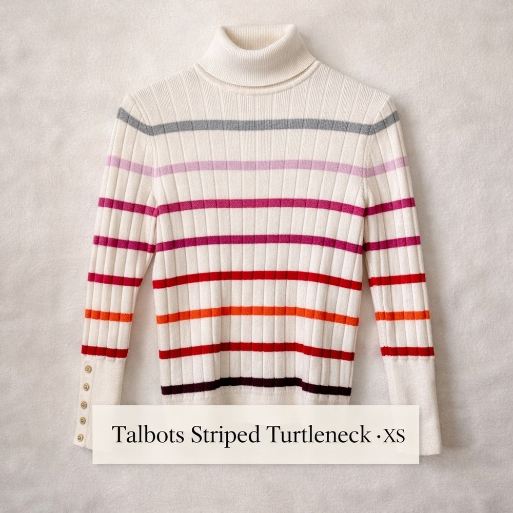 Talbots Striped Ribbed Turtleneck Sweater Size XS Cream Pink Red